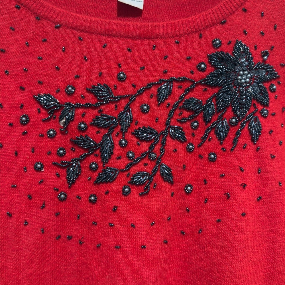 Vintage Red Lambswool Angora Beaded Sweater, S/M, Luxury Floral Embellished Knit - Picture 4 of 12